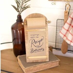 New. Rustic brass and wooden note roll/recipes/lists on stand